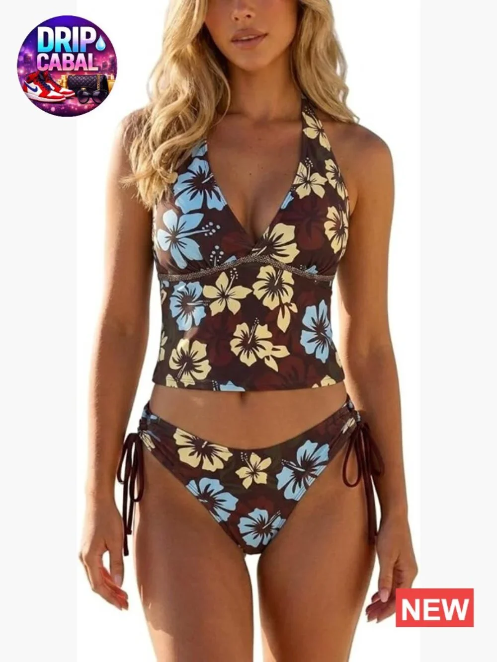 Halter Tankini Set Deep V Printed Two Piece Swimwear